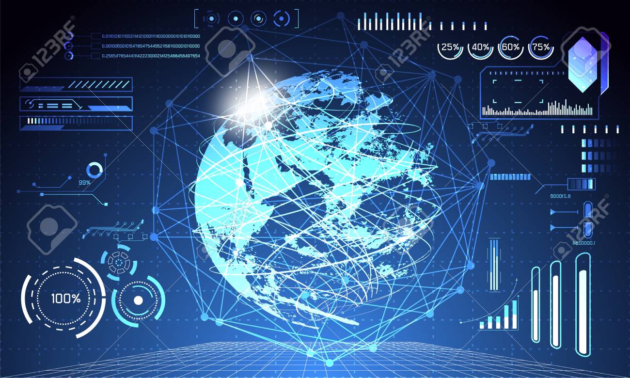 abstract technology concept global network connection futuristic earth globe virtual hologram communication system world and digital link business Connection hi tech background.Vector Illustration